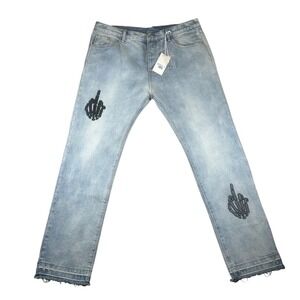 MNML D272 Skeleton Denim Jeans Mens 40 Blue Black Light Wash Distressed New